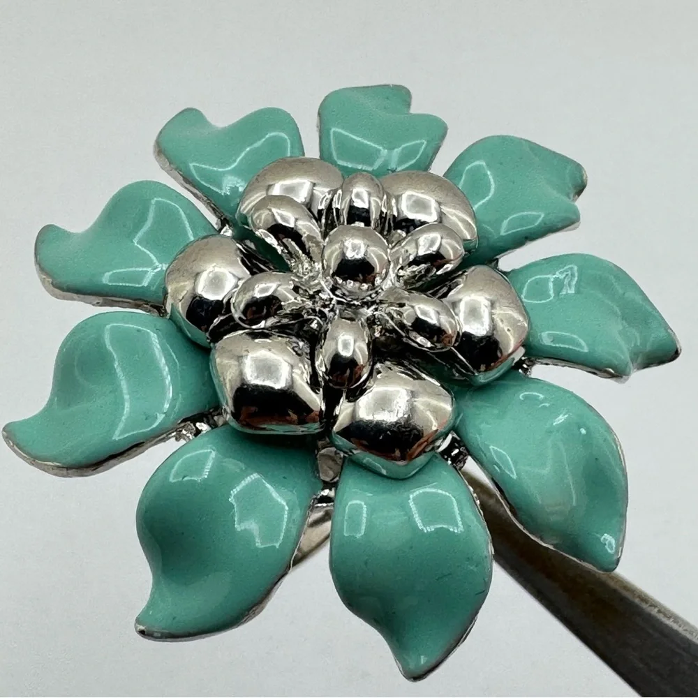 Turquoise Enamel Flower Ring Silver Tone Adjustable Statement